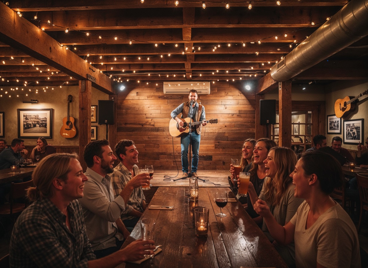 Live acoustic music and a long communal table