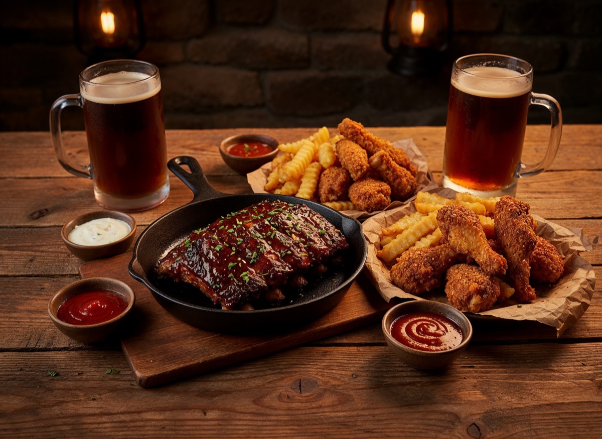 Smoked wings, ribs, and fries on a rustic wood plate