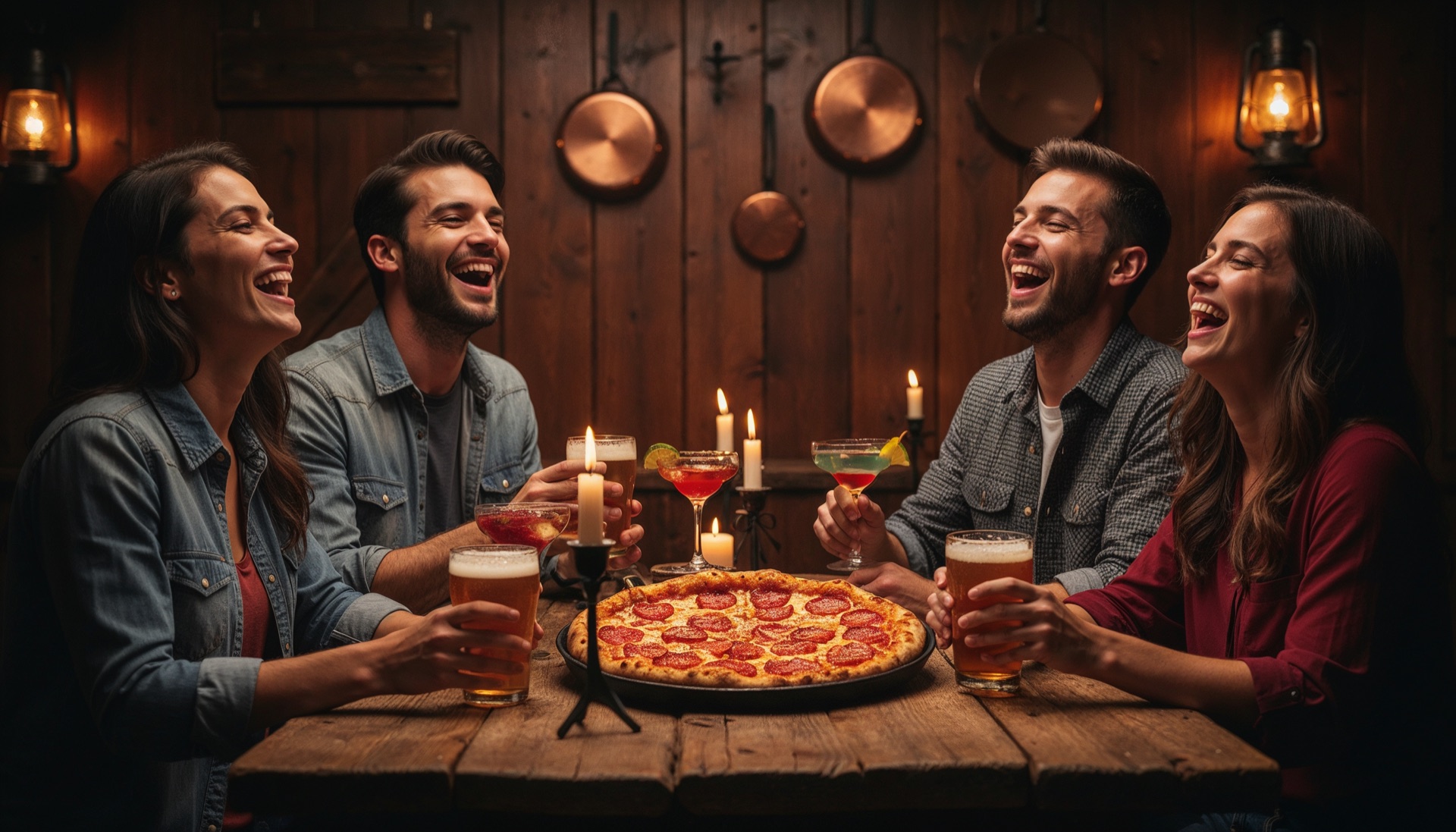 Friends sharing pizza and drinks at The Lumber Yard