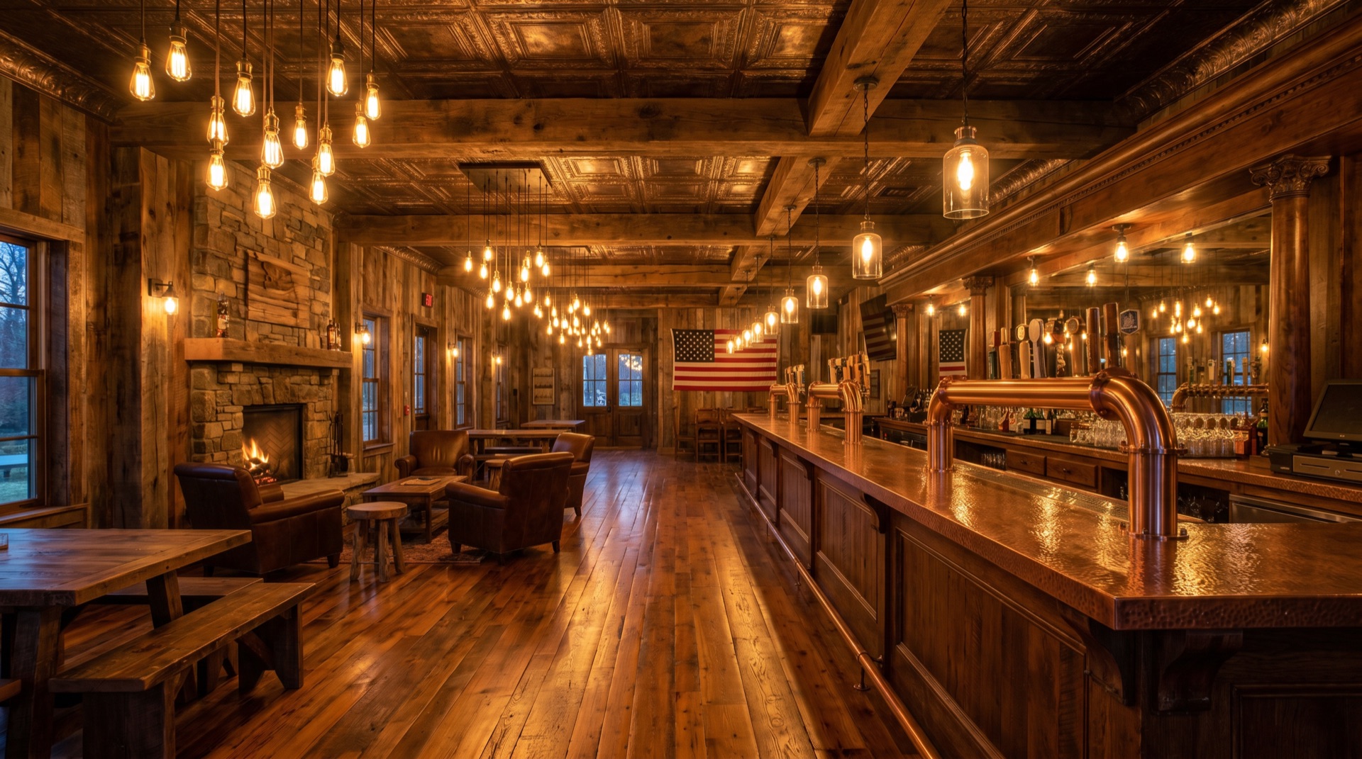 Interior of a rustic American tavern with copper bar, Edison lights, and wood beams