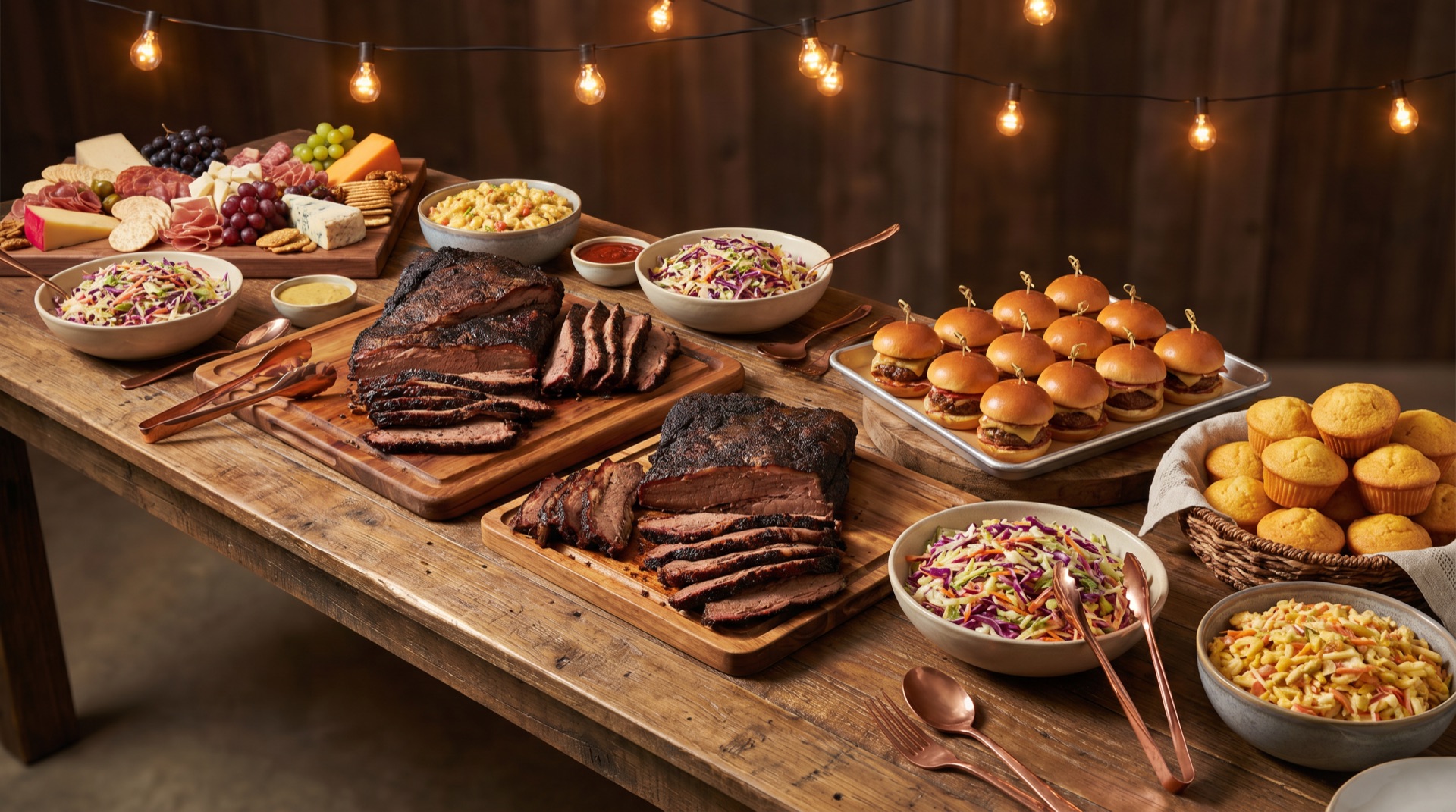 A catering spread of brisket, sliders, slaw, and cornbread