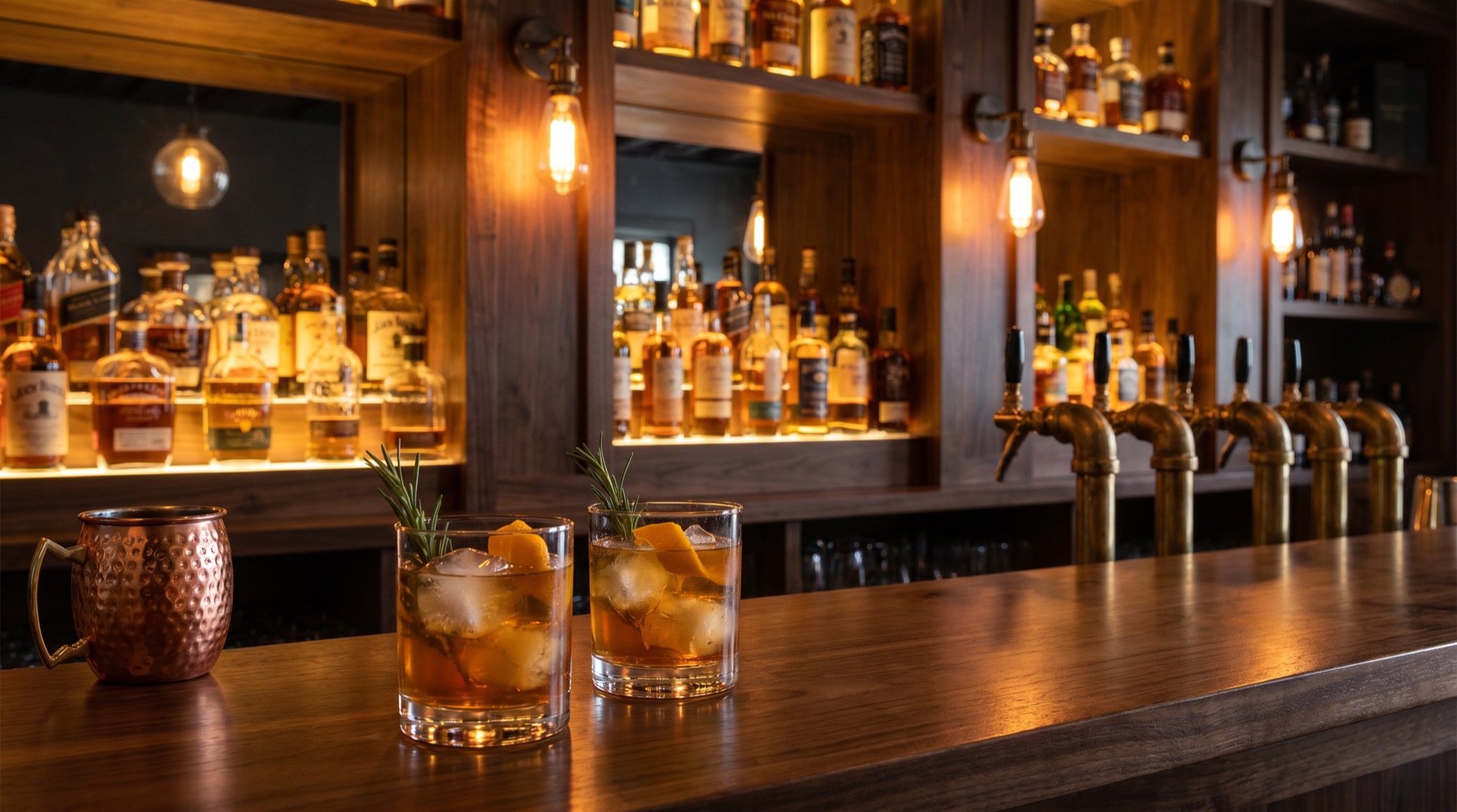 Backlit whiskey shelf with cocktails on a polished bar