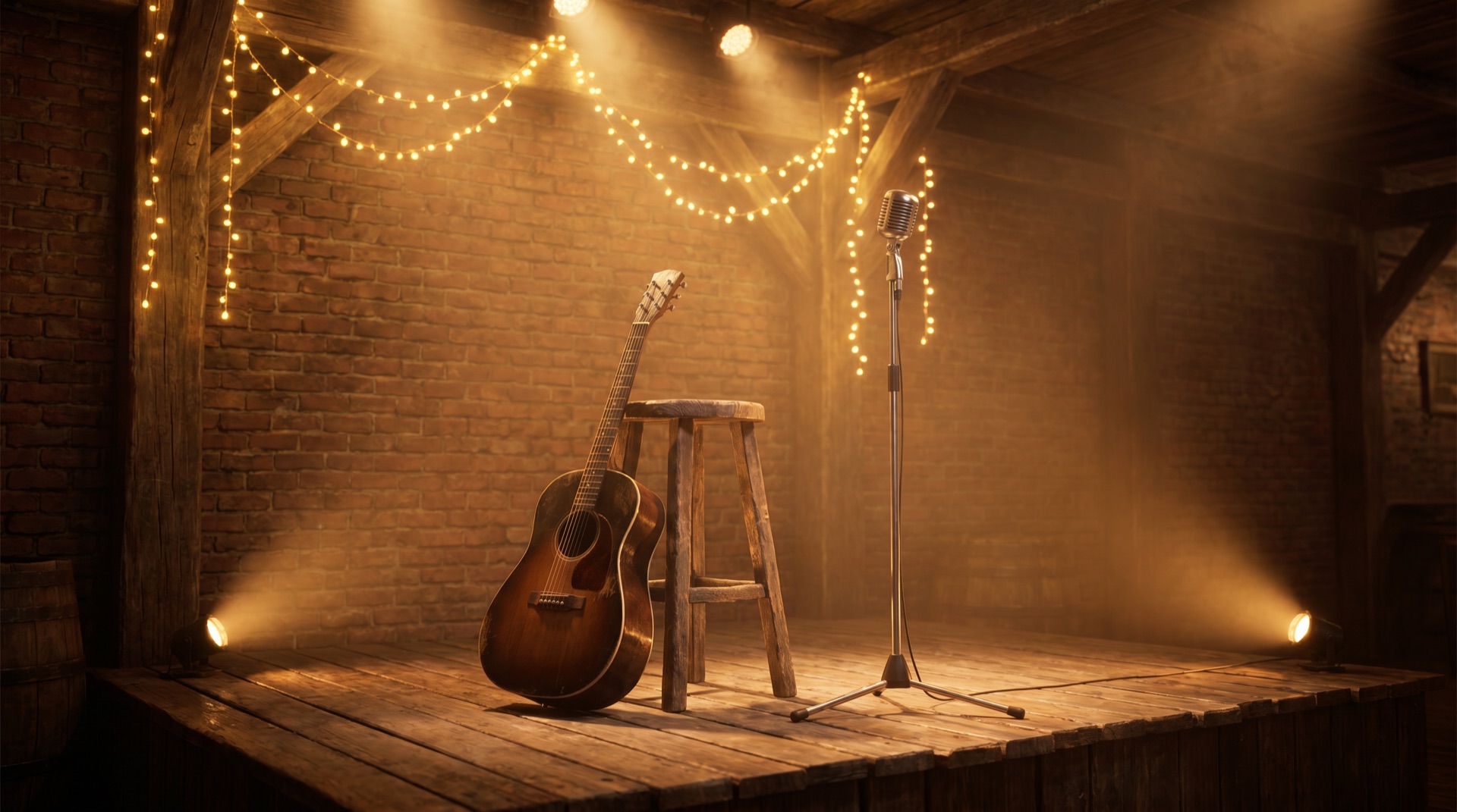 A small wooden stage with an acoustic guitar and string lights