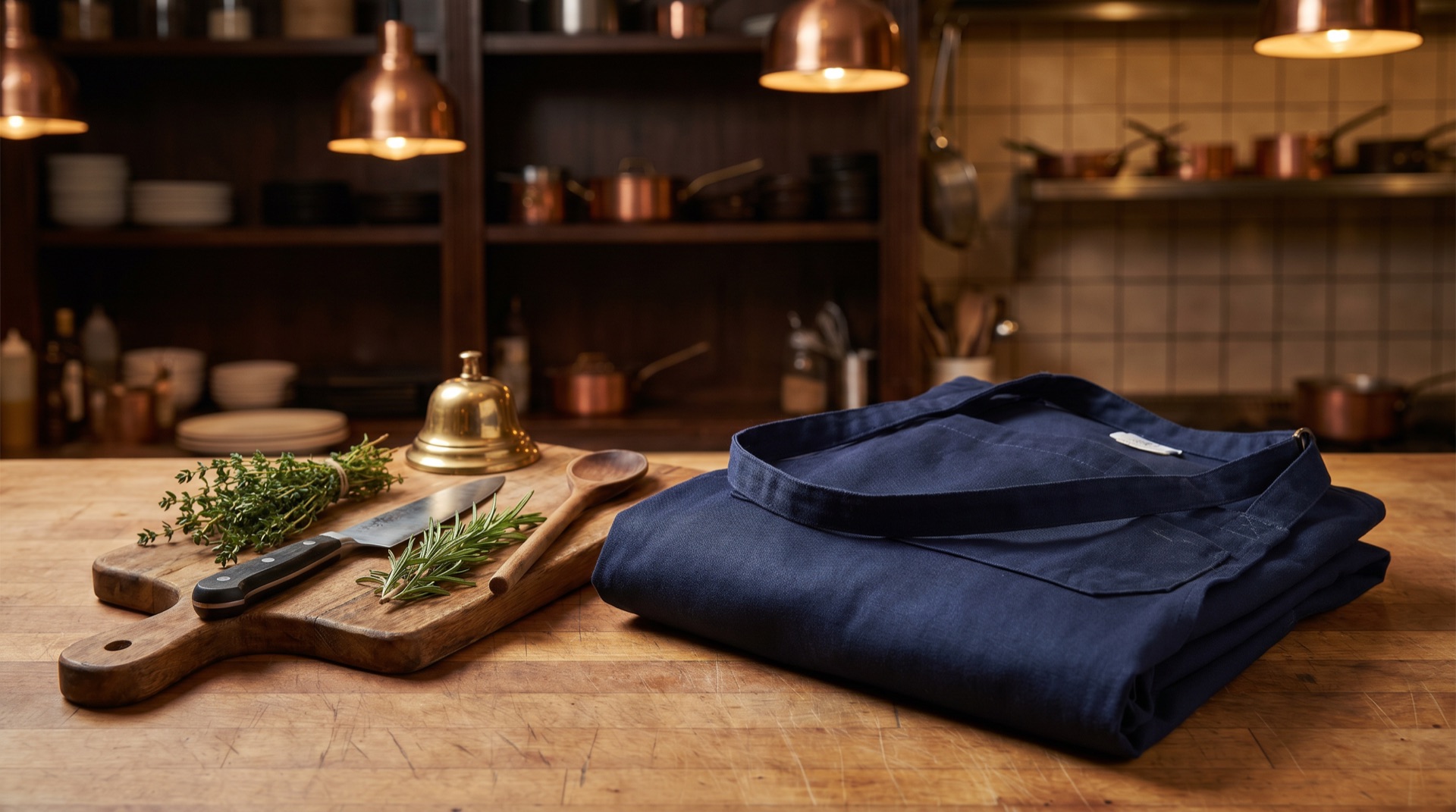 A clean folded chef apron and a cutting board with fresh herbs