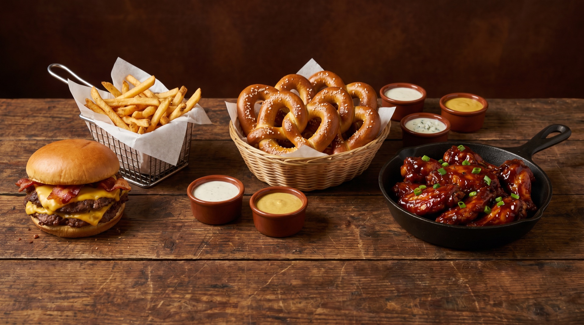 Burger, fries, pretzels, and smoked wings on a rustic tavern table