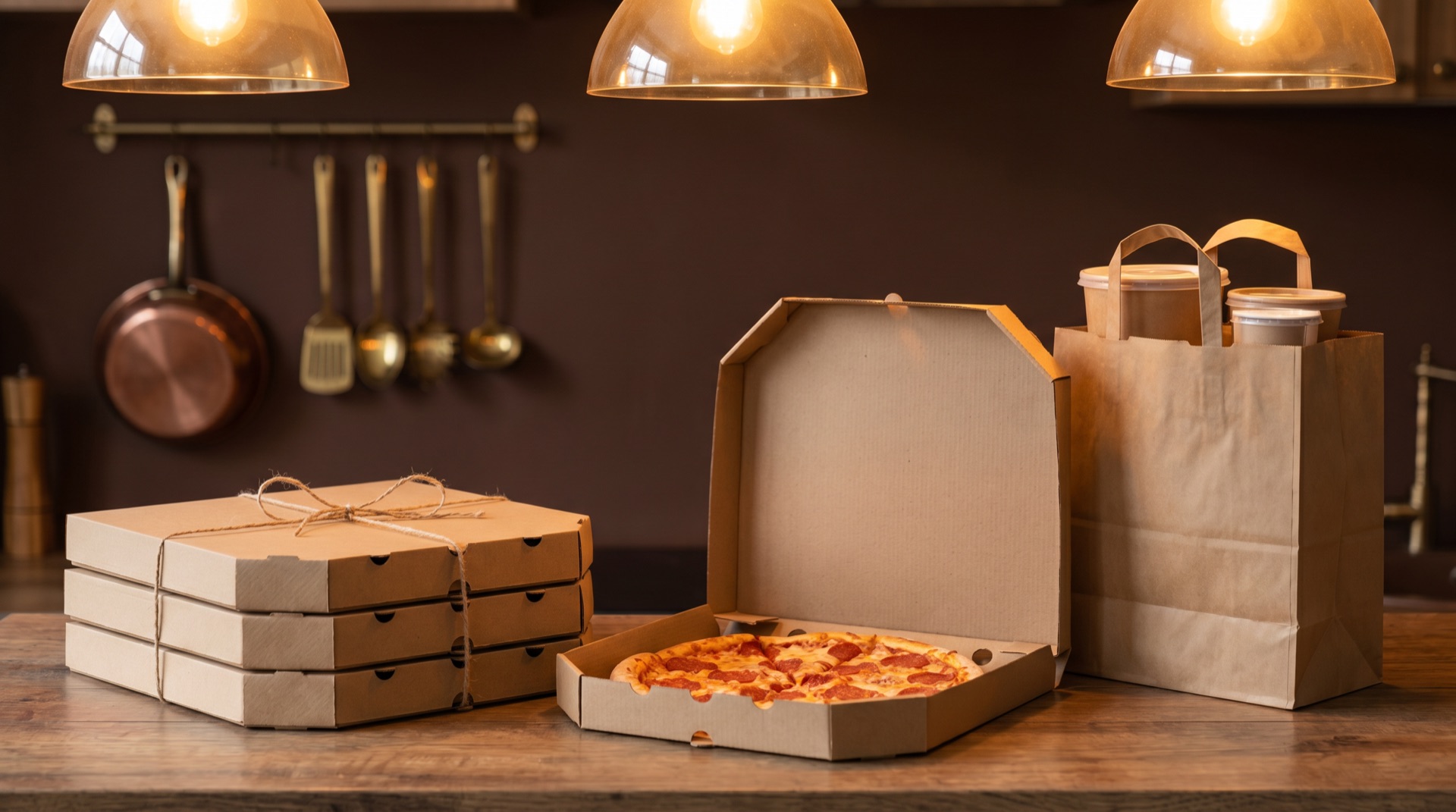 Stack of pizza boxes and a fresh pizza ready for takeout