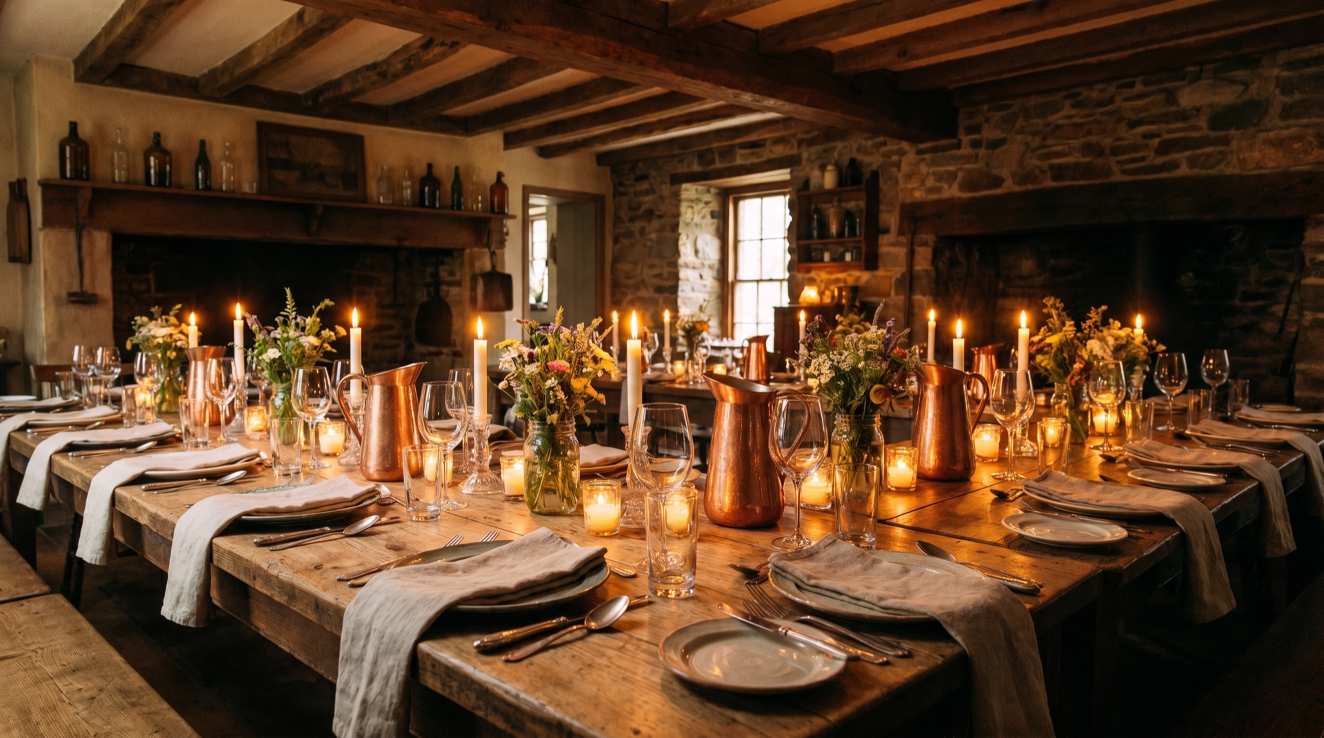 A long tavern table set with candles and copper pitchers for a private dinner