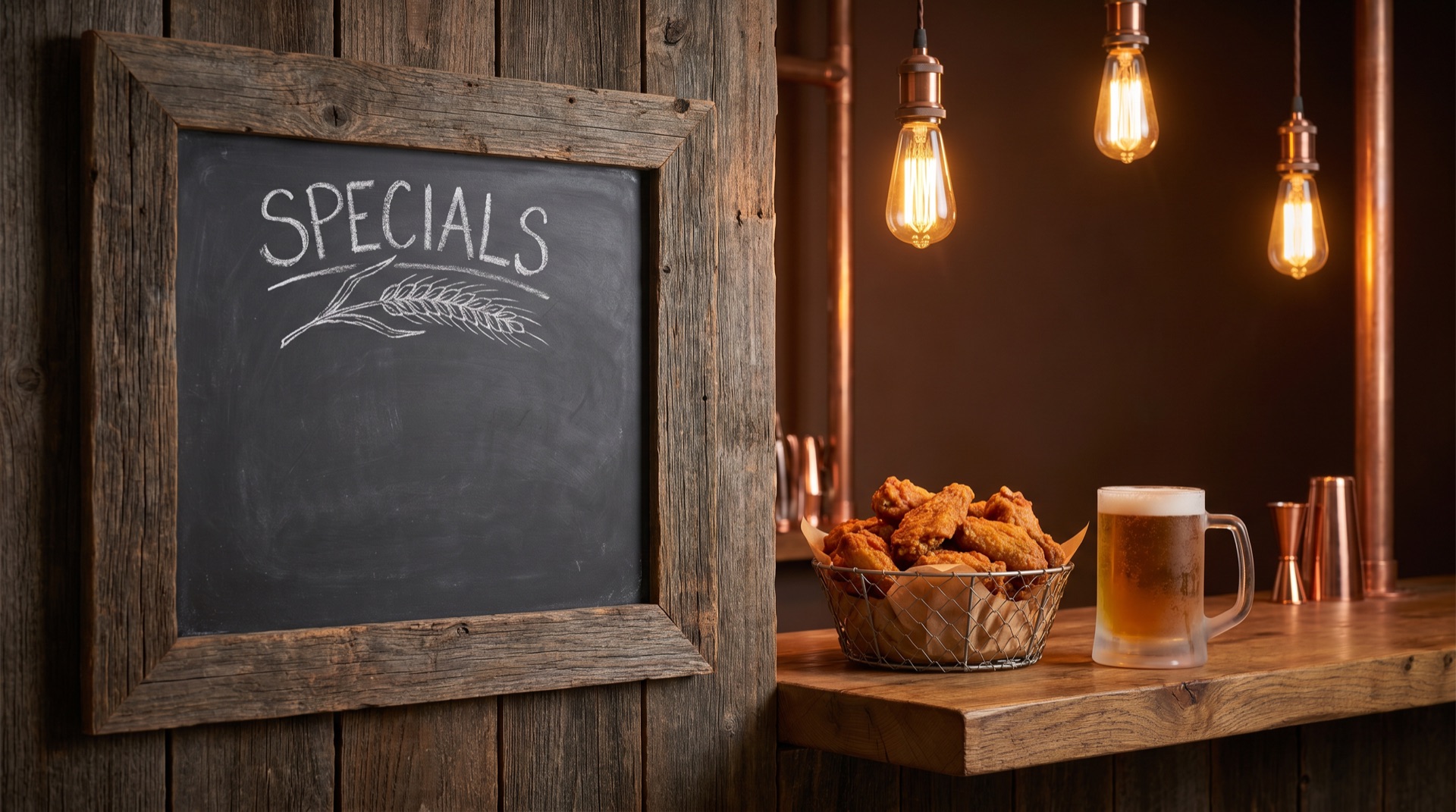 Chalkboard menu, basket of wings, and a frosty beer